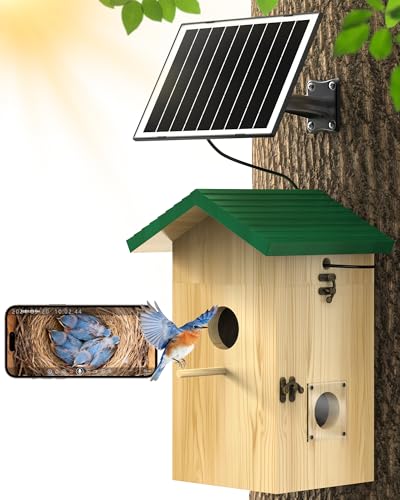 KinetCam Bird House with Camera Solar Powered, 2K HD Wi-Fi Bird Watching Cam for Birdhouse, Auto Detect & Notify, Night Vision, APP Control, Wooden Birdhouse with Camera Inside