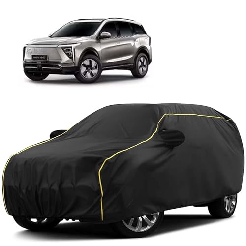 Image of Sulfar 100% Water Resistant Car Body Cover Compatible with Mirror for Mahindra XEV 9S (Triple Stitched, Full Bottom Elastic, Black Tafetta with Yellow Piping)