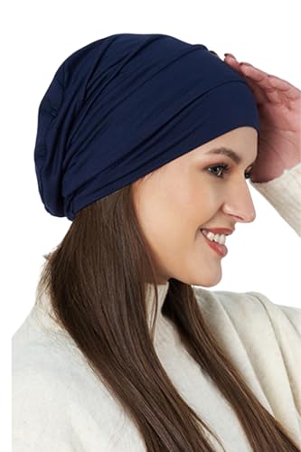 SAKUCHI Chemo zijdezachte slouchy Snood bamboe pet beanie, voor vrouwen, haaruitval, tulband, 95% bamboeviscose en 05% elastaan (groot), marineblauw, L