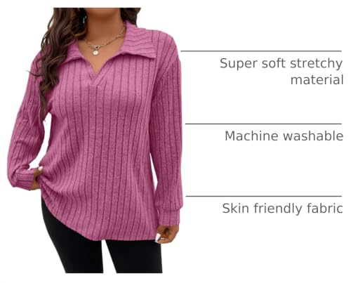 Image of Koscacy Women Plus Size Casual Knit Sweater Lapel V Neck Solid Color Tops Lightweight Long Sleeve Blouses