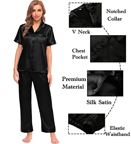 Image of SWOMOG Womens Silk Satin Pajamas Sets 4pcs Sleepwear Sexy Cami Shorts Set and Button Down Short Sleeve Pjs Loungewear