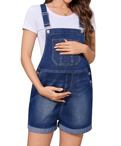 PACBREEZE Womens Maternity Shorts Jean Overalls for Women Stretchy Denim Bib Jumpsuits Summer Pregnancy Shorts(Dark Blue Small)