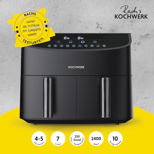 Rachs KOCHWERK Doppelkammer Heißluftfritteuse 7L | Digitaler Airfryer mit Touchscreen, 10 Programmen & 2x 3,5L Fächer | Frittieren von Speisen ohne Öl - fettarm | Smart-Cook Funktion | 2400W, Schwarz – Bild 3