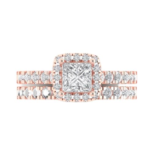 Clara Pucci 1.60ct Princess Cut Halo Solitaire White Lab Created Sapphire Engagement Anniversary Bridal Ring Band set 18K Rose Gold