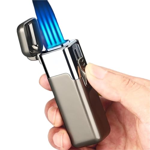 Encendedor portátil de Cuatro Llamas con Chorro de Llama, tamaño de Llama Ajustable, Gas butano reciclable, Adecuado para Acampar y fogatas.(Black)