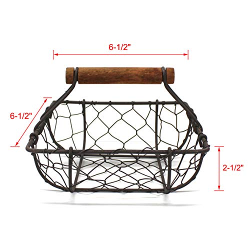 CVHOMEDECO. Chicken Wire Egg Baskets Rust Gathering Baskets with Wooden Handle Country Vintage Style Storage Baskets. Set of 2 (Square) - Image 4