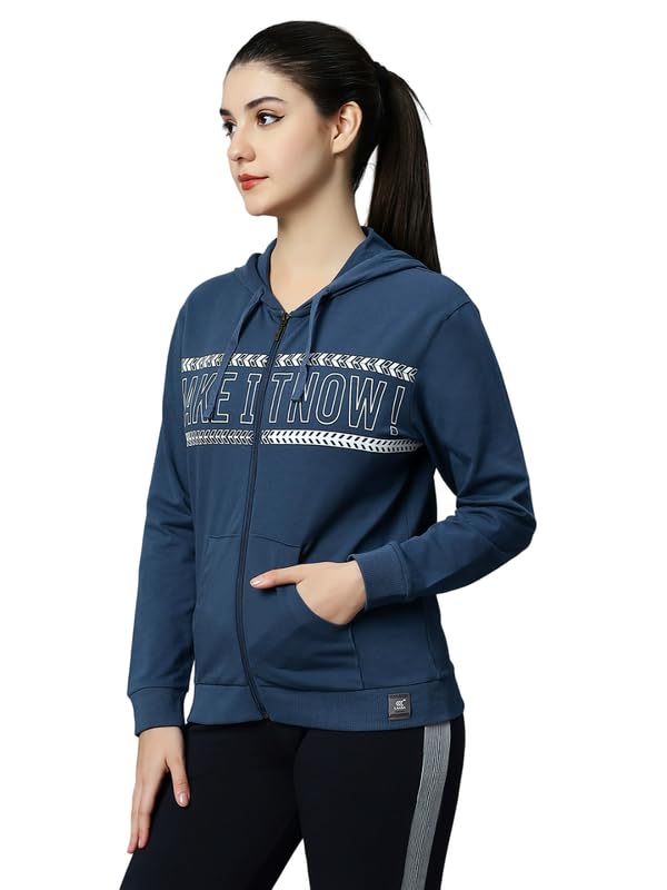 Image of Women's Cotton Printed Steel Blue Jacket with 2 Cross Pockets