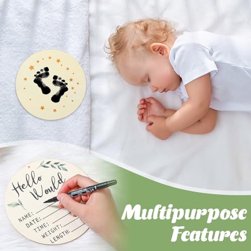 Image of Cinnvoice Baby Announcement Sign, Round Baby Nursery Name Signs Monthly Baby Milestone Monthly Milestone Wood Discs Hello World Newborn Sign for Photo Prop(Plant)