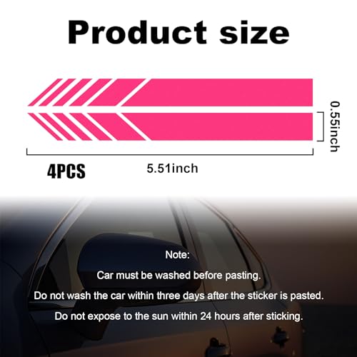 Image of Augeny 4 PCS Car Rear View Mirror Stickers, Waterproof Vinyl Auto Side Rearview Mirror Stripes, Universal Reflective Anti-Collision Striped Warning Decal for Most Vehicles (Pink)