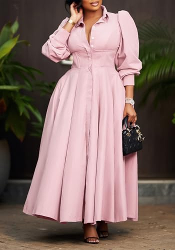 Womens Long Sleeve Shirt Dress Swing Pleated Plus Size Dresses with Pockets Casual Elegant Business Maxi Dress2