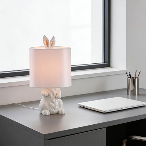 Lampe lapin en résine blanche de 49 cm avec son abat-jour en tissu chic