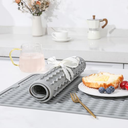 Image of 2 Pack Caketime Silicone Dish Drying Mat for Kitchen Counter Heat Resistant Quick Dry Pads Hot Dishes Waterproof with Under Sink Rack Soap Holder Coffee Accessories 15 inchx11.5 inch Light Gray