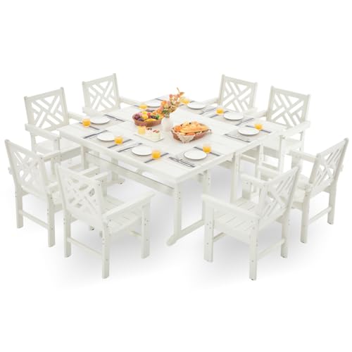 HDPE Outdoor Dining Set,10-Piece Outdoor Table and Chairs Include 8 Dining Chairs and 2 Pcs 62.5" Patio Dining Table with Umbrella Hole (White)