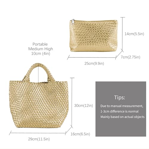 Image of Women's Vegan Leather Tote Bag - Handmade Woven Beach Bag, Travel Handbag with Purse & Top Handle Hobo Tote(Gold)