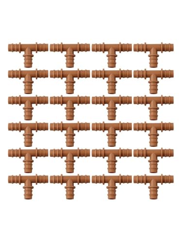 NiuLumea Lot de 24 raccords en T barbelé pour irrigation goutte à goutte - 16 mm - Connecteurs de tuyau en plastique marron compatibles avec système goutte à goutte de 16 mm