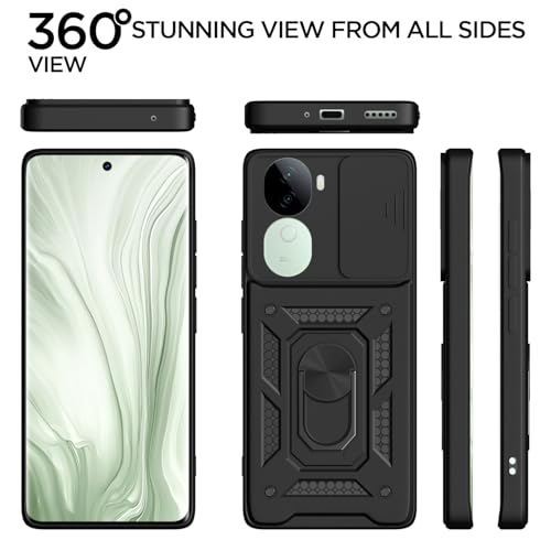 Image of Pikkme Back Cover for Vivo V40e 5G / iQOO Z9s 5G | 360 Protection Case | Sliding Camera Shield Cover & Ring Holder Stand D10 Tough Armor Bumper Case (Black)
