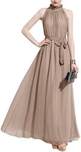 HaoMing Summer Halter Neck Sleeveless Evening Ball Gown Chiffon Maxi Dress Khaki