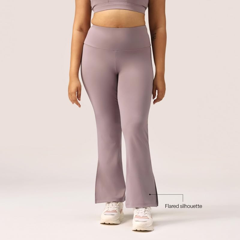 Image of BlissClub Women's Comfort Fit Mid Rise Ultimate Slit Flare Pants - Lite Tall |Above 5'5 | Stylish Slits | Stretchy | Comfortable | Back Pocket