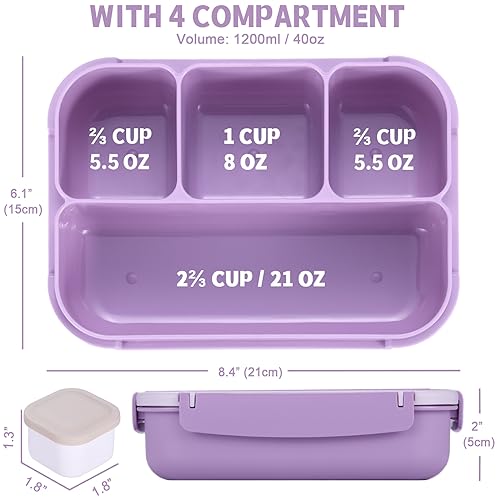 Image of Bento Box Adult Lunch Box, Lunch Containers for Kids Girls Boys with 4 Compartments, Lunchable Food Container with Utensils, Sauce Jar, Muffin Liners, 40 Oz /5 Cup, Microwave Safe, Lavender