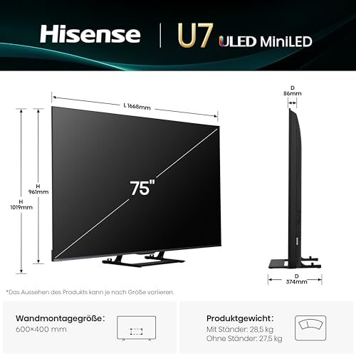Hisense 75U7Q Fernseher 75 Zoll, 4K Mini LED ULED, Smart TV, Hi-View AI Engine, 144Hz Game Mode Pro, FreeSync Premium, Built in Subwoofer, Dolby Vision IQ Atmos, Airplay, Sprachsteuerung[2025]