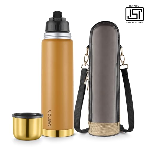 Image of Perch California Stainless Steel Water Bottle 1 LTR | Hot & Cold Flask | ISI Certified | Vacuum Insulated | BPA Free | for Office, School, Gym, Home & Travel | Gold-Amber | Crafted by Pexpo