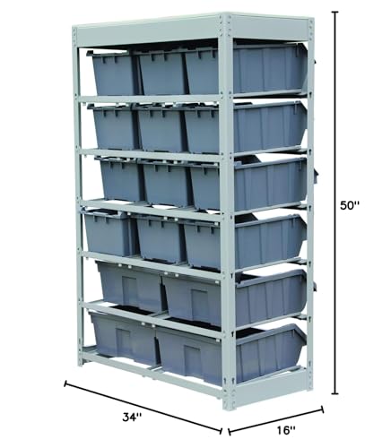 Image of King's Rack Bin Rack Storage System Heavy Duty Steel Rack Organizer Shelving Unit w / 16 Plastic Bins in 6 tiers