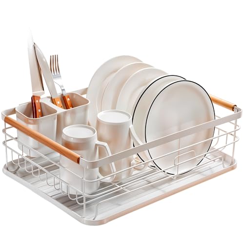 Marctani Escurreplatos Sobre Fregadero VINTAGE de Acero Inoxidable con Bandeja ANTIGOTEO y Guarda Cubiertos - Escurridor de Platos AHORRA Espacio - Dish Rack Escurre Platos y Vasos 31x43x14cm (Blanco)