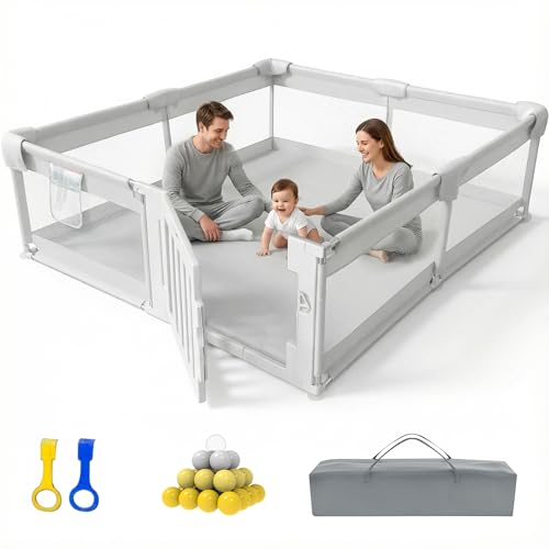 Image of 79 inch x71 inch Baby Playpen with Gate, Large Baby Play Pen for Babies and Toddlers, Infant Fence Play Yard with Door for Living Room, Anti-Fall, Breathable Mesh