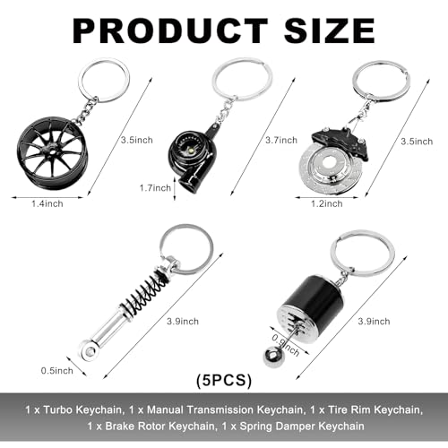 Image of KVAEY 5 PCS Car Parts Model Key Chains, Metal Turbo Keychain Set, Trendy Shock-Absorbent Car Parts Key Chain for Men Women (Black+Black)