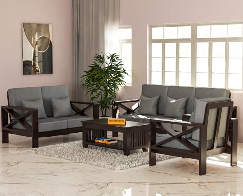 Image of Sheesham Wooden 6 Seater Sofa for Living Room | Rosewood 6 Seater Cushion Sofa X-Legs | Solid Wood Sofa Set for Lounge (3+2+1,Walnut Finish)