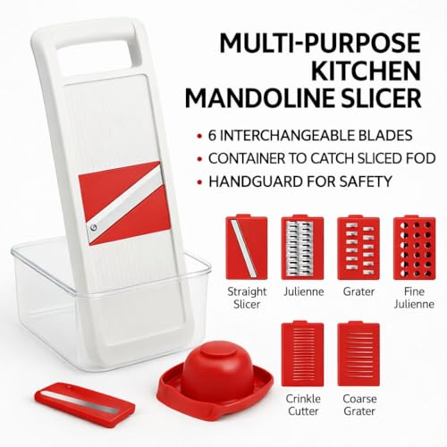 Image of Multifunctional 6 in 1 Vegetable Slicer, Mandoline Vegetable Chopper with Container, Red and White, Multi-Blade Slicer Dicer Grater Set, Kitchen Food Prep Tool