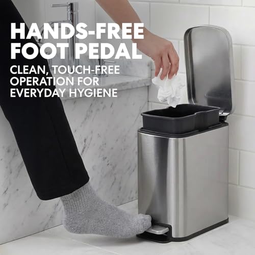 Image of SIMPLI-Magic 6L /1.6G Stainless Steel Bathroom Trash Can with Hands-Free Foot Pedal, Quiet Soft-Close Lid, Compact Space-Saving Size