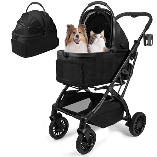 Image of Small Dog Stroller, Pet Stroller for Small Dogs, 5-in-1 Dog Strollers - Fold All in One Without Detaching Carrier, Pet Strollers with Removable Waterproof Carrier for Dogs Cats 10 lbs 20 lbs, Black