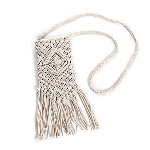 arbitra Borla Cuerda De Algodón Mini Estilo Bohemia Crossbody Tejido A Mano Bolsa De Mensajero Tejido Protección del Medio Ambiente Natural Estilo Bohemio Retro Hombro Hombro Bolsa De Teléfono Móvil