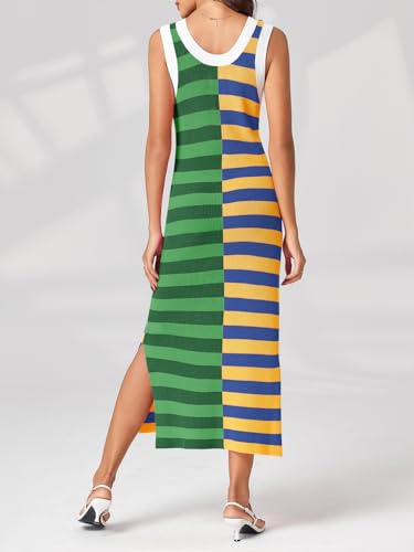 Image of Wenrine Womens Summer Striped Dress Sleeveless Knitted Contrast Color Side Slit Casual Maxi Beach Dress