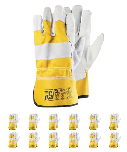 RS VIC TEC Premium - Guanti da montaggio in pelle, taglia 10, 12 paia, colore: Grigio/Giallo. I guanti Vic Tec RS sono semplici guanti da lavoro del tipo Docker.