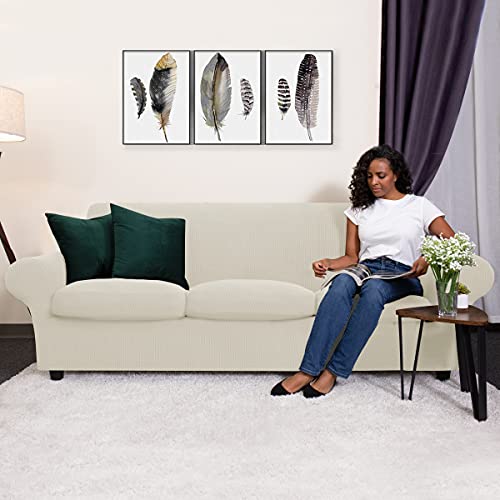 Chun Yi 4 Pieces Stretch Sofa Cover For 3 Seater Couch, Washable Soft Sofa Slipcover With 3 Separate Seat Cushion Covers For Dogs, Checks Spandex Jacquard Fabric, Large, Ivory White #TOP1