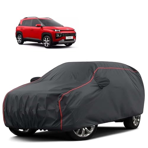 Image of Sulfar 100% Water Resistant Car Body Cover Compatible with Mirror for Hyundai Exter (Triple Stitched, Full Bottom Elastic, Dark Grey Tafetta with Red Piping)