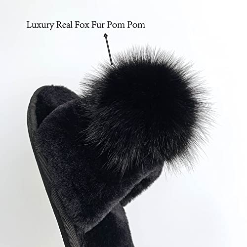Women Slippers with Real Fox Fur Ball, Girl Furry Cozy Warm House Slipper, Open Toe Soft Flat Slide Sandals for Women Indoor Outdoor4