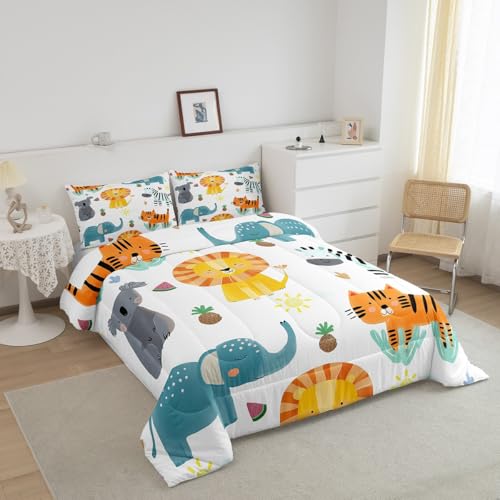 Image of Feelyou Kids Cartoon Lions Comforter Set Full Size, Zoo Animal Bedding Set Elephant Comforter for Kids Boys Girls Kawaii Duvet Insert Room Decor Microfiber Bed Set