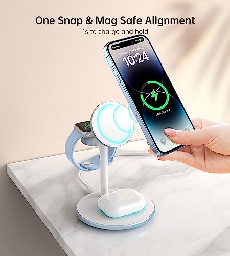 Image of XooFly 3 in 1 Magnetic Wireless Charging Station for Apple Devices,15W | Fast Charging Phone Charger Stand for Magsafe-enabled iPhone 17 16 15 14 13 12 Series, Apple Watch Ultra Airpod Pro, Blue
