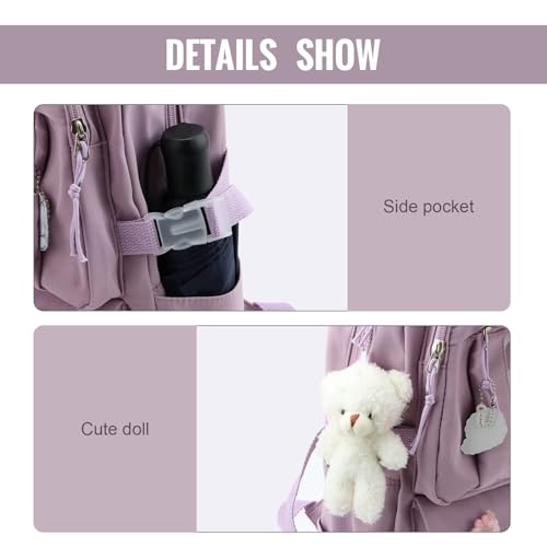 Mochila escolar Kawaii blanca con pines decorativos y complementos originales 5