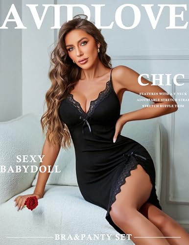 Avidlove Lingerie for Women Sexy Lace Nightgowns Side Slit Sleepwear V Neck Babydoll Chemise3