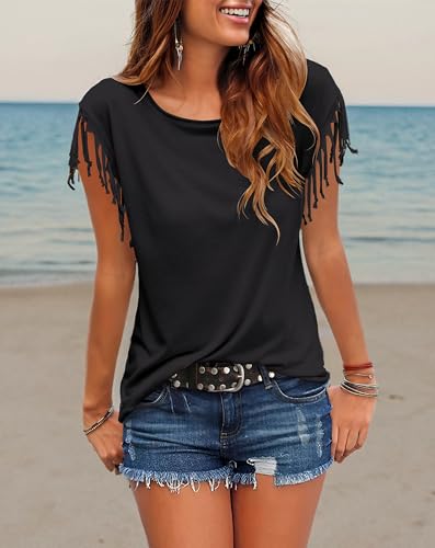 Cosonsen Women's Tassel Short Sleeve Round Neck T-Shirt Top Casual Summer Tee2