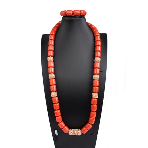 1Row Nigerian Jewelry Sets for Men,Orange Resin Beads,Chunky Multilayer Statement Choker Necklace,African Wedding Beads without Earrings2