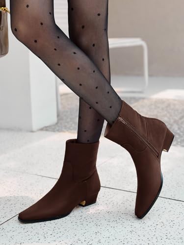 Coutgo Womens Booties Low Heel Ankle Boots Square Pointed Toe Chunky Heel Side Zipper Dressy Fall Boots Shoes2