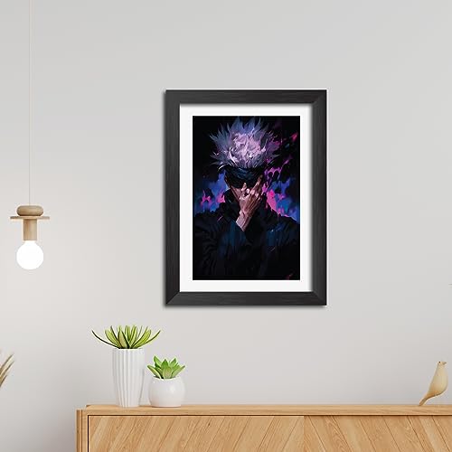 Image of TenorArts Satoru Gojo Posters Jujutsu Kaisen Anime Poster Laminated Photo Frame Painting with Matt Finish Black Textures (12inches x 9inches)