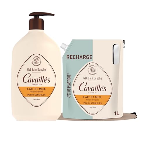 Gel bain douche - Lait et Miel | Protège & Régénère la peau | Nettoie en douceur | Peaux sensibles | Sans savon| Pack : Gel douche 1L + éco-recharge 1L