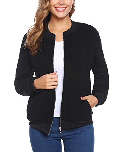 iClosam Womens Long Sleeve Full Zipper Fuzzy Fleece Pullover Jacket Outwear Sweatshirt Warm Sherpa Coat with Pocket Black