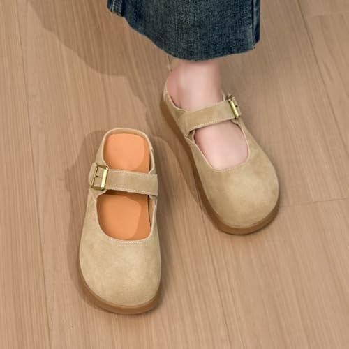 Women's Suede Mary Jane Flats with Buckle Strap, Beige, Comfort Casual Shoes2